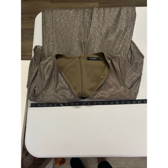 Lauren Ralph Lauren Metallic Gold Long Sleeve Faux Wrap Midi Dress Women Size 10 - Picture 9 of 12